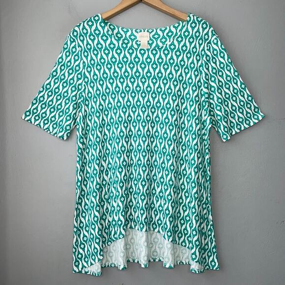 Chicos Womens 2 Size L Ikat Teal Soft Modal Knit Tunic Top Coastal Preppy Chic - Picture 1 of 9